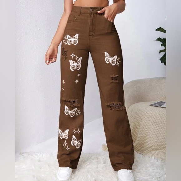 SHEIN EZwear Ripped Detail Butterfly Jeans - Picture 1 of 6